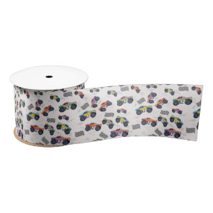 Colourful Monster Trucks Racing Pattern Satin Ribbon