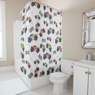 Colourful Monster Trucks Racing Pattern Shower Curtain