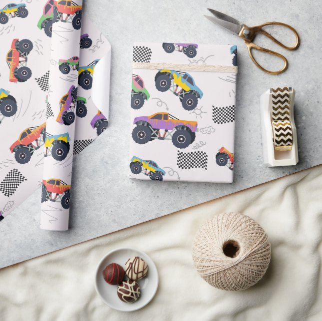 Colourful Monster Trucks Racing Pattern Wrapping Paper (Crafts)