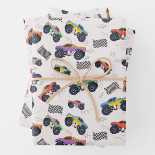 Colourful Monster Trucks Racing Pattern Wrapping Paper Sheet