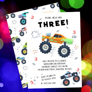 Colourful Monster Trucks Third Birthday Invitation