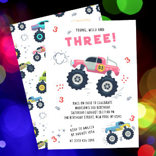 Colourful Monster Trucks Third Birthday Party Invitation