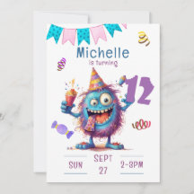 Colourful Monster Twelve Year Birthday Invitation