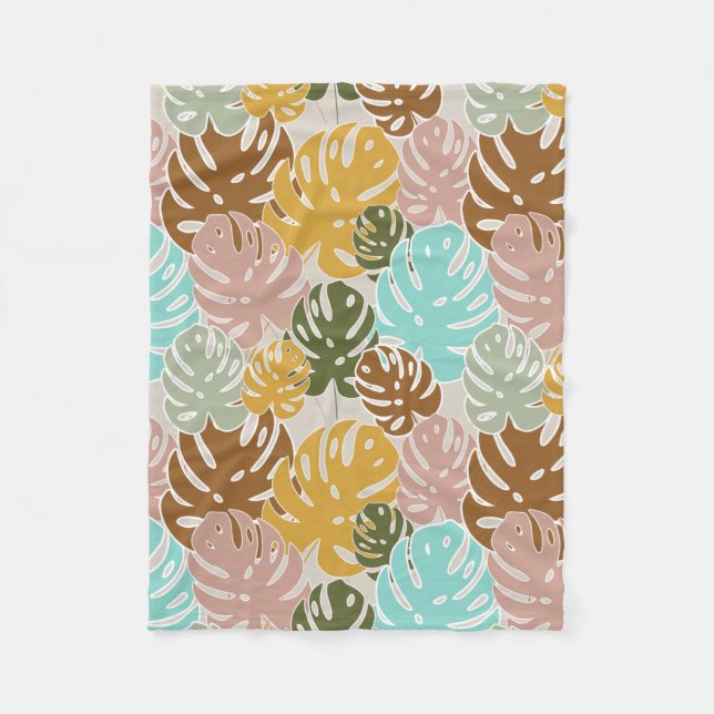 Colourful monstera jungle fleece blanket (Front)