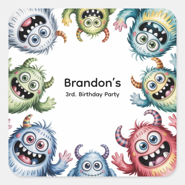 Colourful Monsters 3rd. Birthday Party Square Sticker (Front)