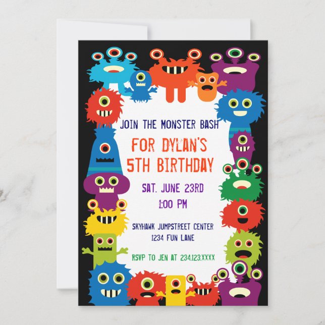 Colourful Monsters Birthday Party Invitations (Front)