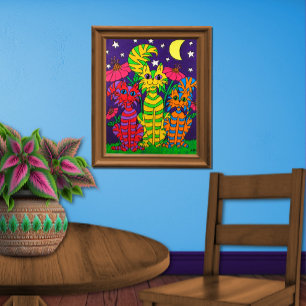 Colourful Moonlight Cats Folk Art Poster