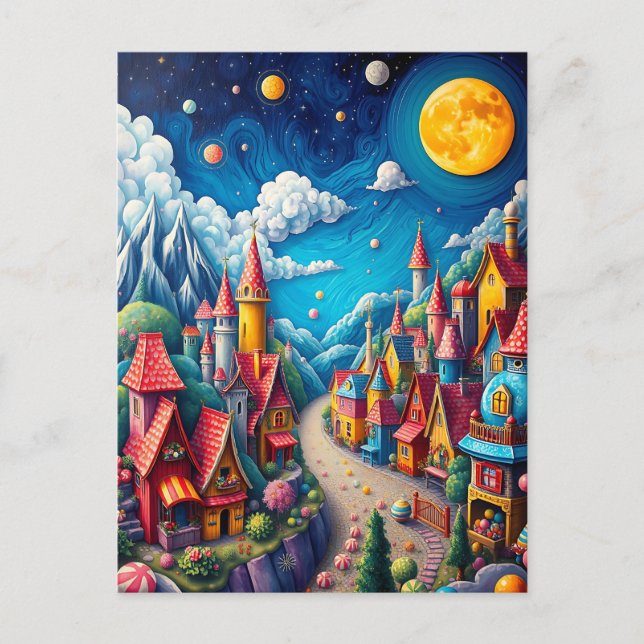 Colourful Moonlit Candy Land & Magical Village Postcard (Front)