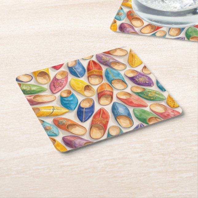 Colourful Moroccan Babouche Slippers Square Paper Coaster (Angled)
