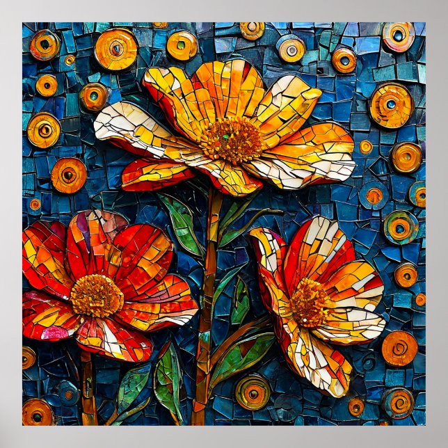 Colourful Mosaic Artwork of Vibrant Flowers Poster (Front)