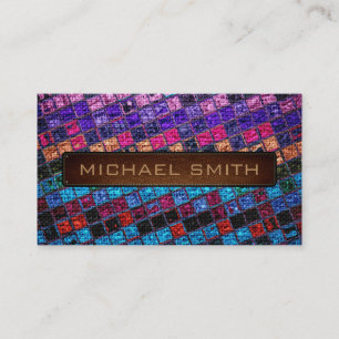 Colourful Mosaic Burlap Elegant Leather Look #14 Business Card