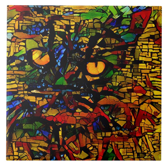 Colourful Mosaic Cat Art Prin Ceramic Tile (Front)