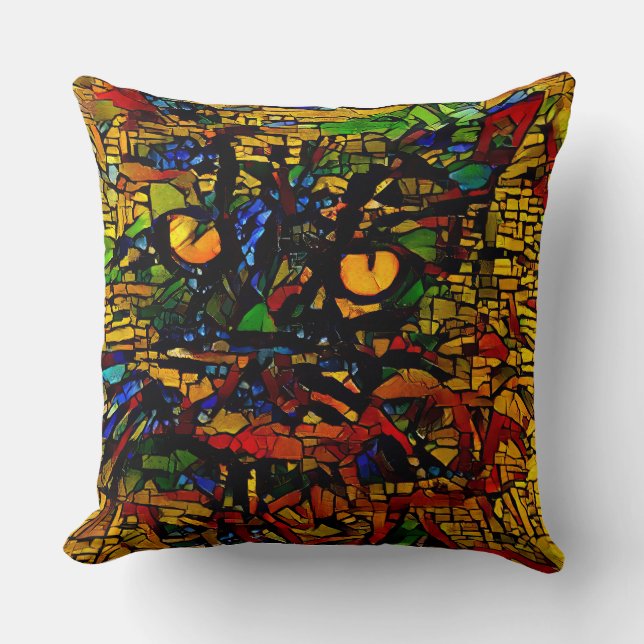 Colourful Mosaic Cat Art Prin Cushion (Front)