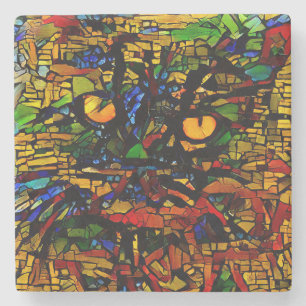 Colourful Mosaic Cat Art Prin Stone Coaster
