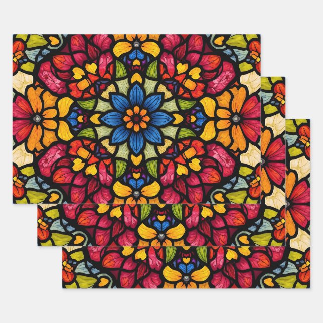 Colourful Mosaic Flower Pattern Abstract  Wrapping Paper Sheet (Set)
