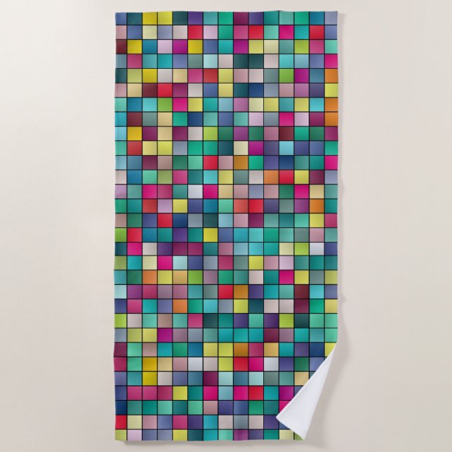 Colourful mosaic, geometric squares pattern beach towel (Front)