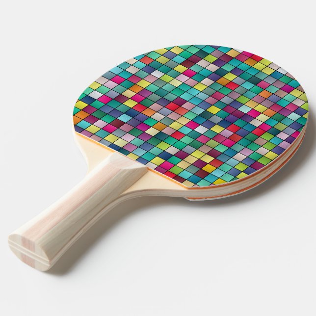 Colourful mosaic geometric squares pattern ping pong paddle (Front Angle)