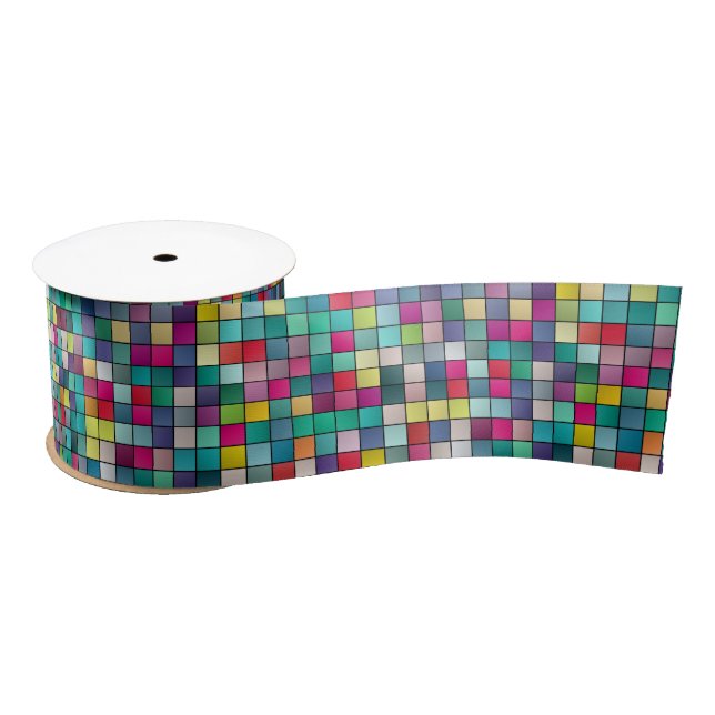 Colourful mosaic, geometric squares pattern satin ribbon (Spool)