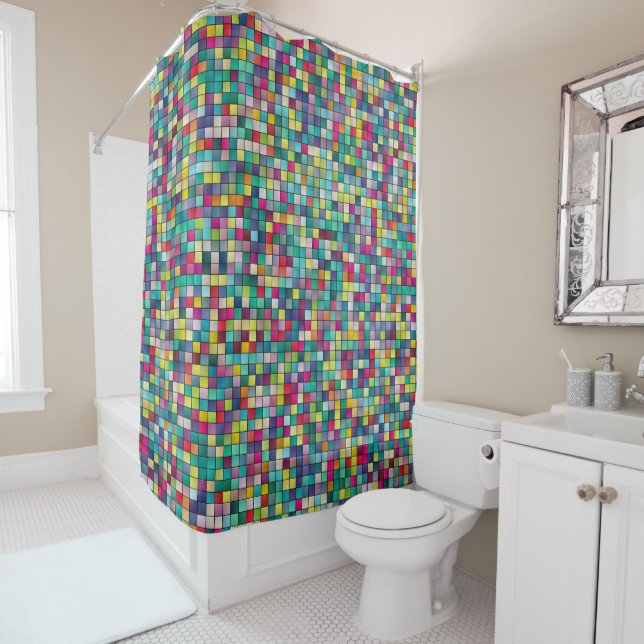 Colourful mosaic, geometric squares pattern shower curtain (In Situ)