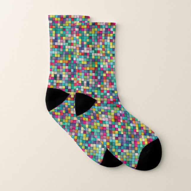 Colourful mosaic, geometric squares pattern socks (Pair)