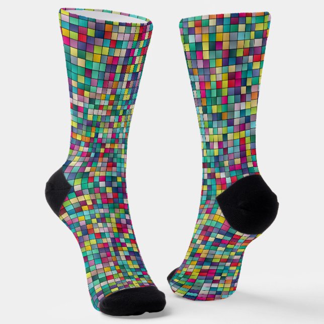 Colourful mosaic, geometric squares pattern socks (Angled)