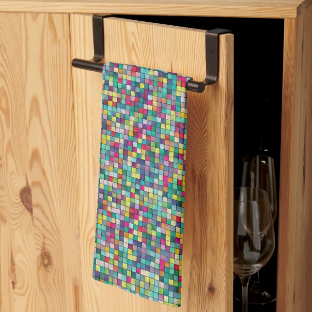 Colourful mosaic, geometric squares pattern tea towel (Thirds Fold)