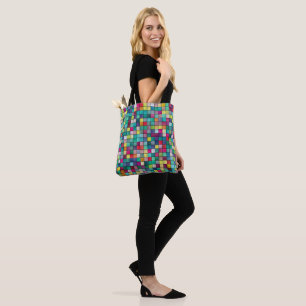 Colourful mosaic geometric squares pattern tote bag