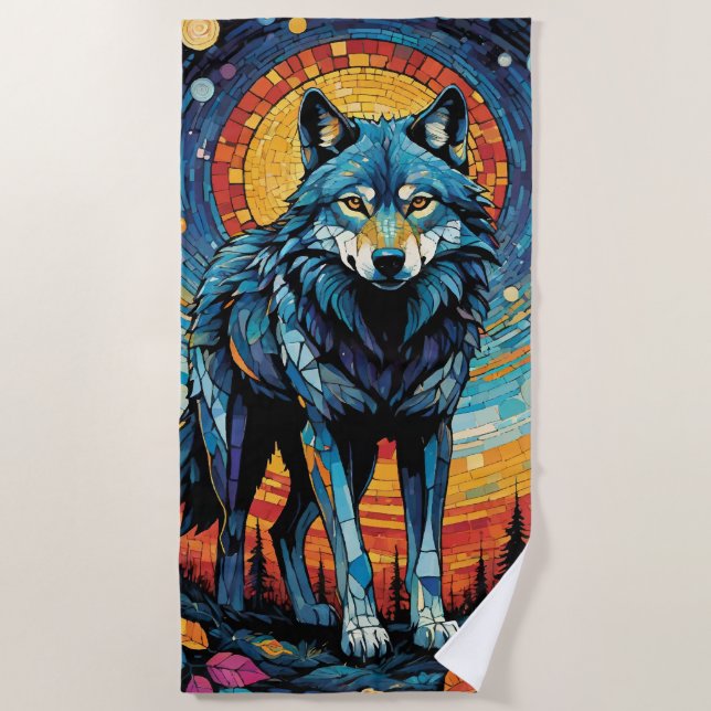 Colourful Mosaic Illustration of Majestic Wolf Beach Towel (Front)