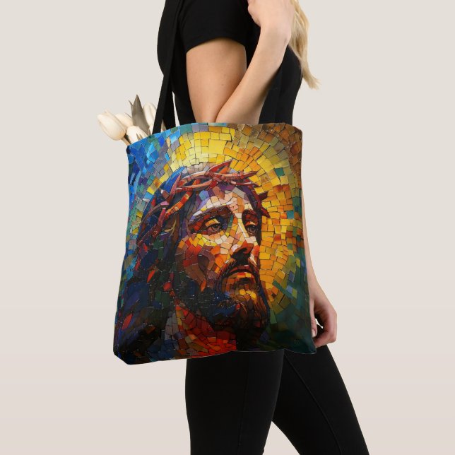 Colourful Mosaic Jesus Tote Bag (Close Up)