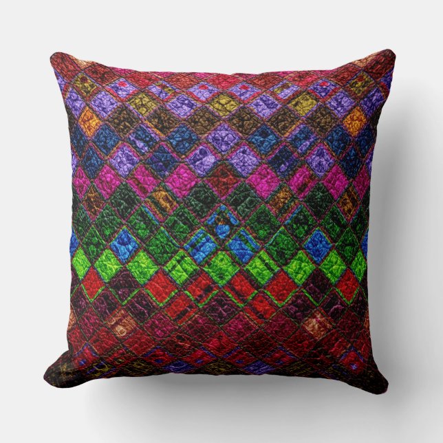 Colourful Mosaic Pattern Leather Look Cushion (Front)