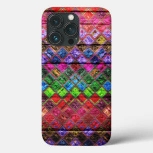 Colourful Mosaic Pattern Wood Look iPhone 13 Pro Case