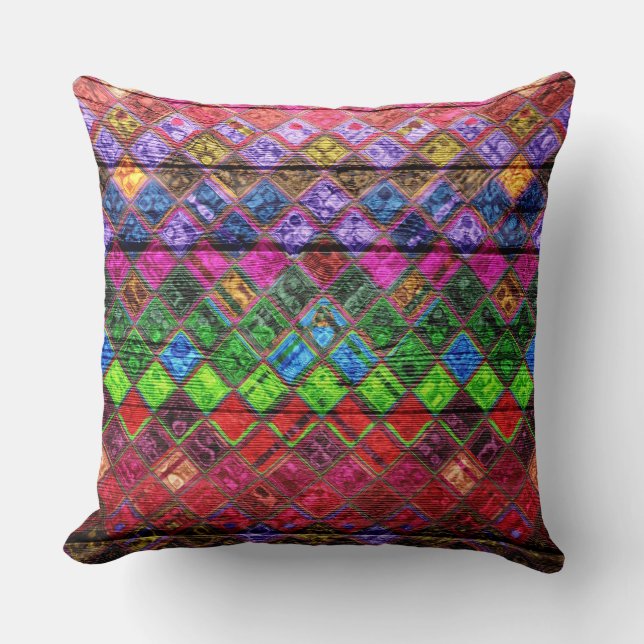 Colourful Mosaic Pattern Wood Look Cushion (Front)