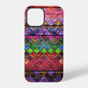 Colourful Mosaic Pattern Wood Look iPhone 12 Pro Case