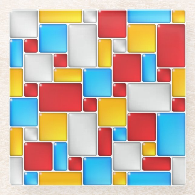 Colourful Mosaic Squares Glass Coaster (Front)