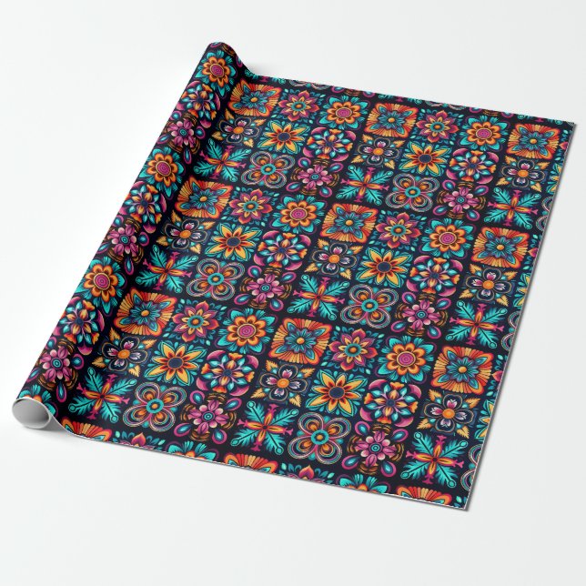 Colourful mosaic tile design with flowers 2 wrapping paper (Unrolled)