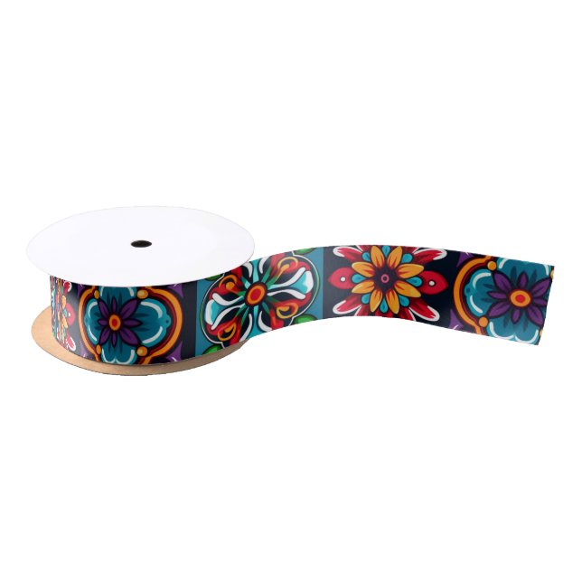 Colourful mosaic tile design with flowers satin ribbon (Spool)
