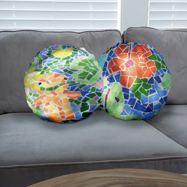Colourful Mosaic Tile Koi Fish Pond Round Cushion (Creator Uploaded)