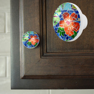 Colourful Mosaic Tile Koi Pond Red Flower Ceramic Knob