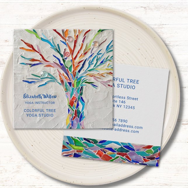 Colourful Mosaic Tree Yoga Studio Square Business Card (Creator Uploaded)