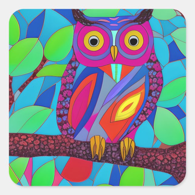 Colourful Mosaic Whimsical Owl Art Square Sticker (Front)