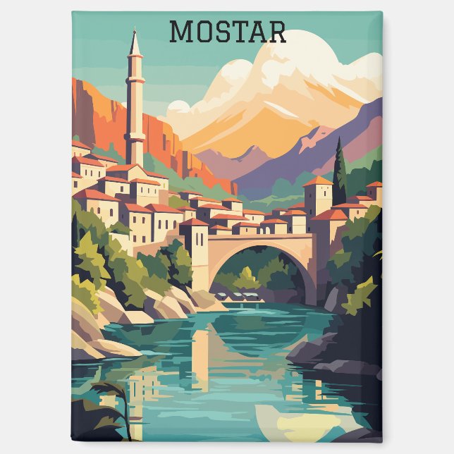 Colourful Mostar Bosnia Herzegovina Vintage Travel Magnet (Front)
