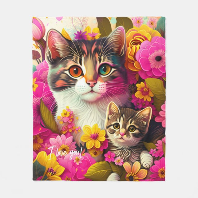 Colourful Mother Cat and Kitten Fleece Blanket (Front)