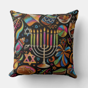 Colourful Motifs Hanukkah Menorah Cushion
