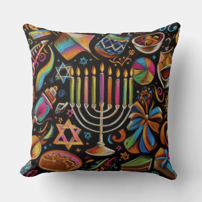 Colourful Motifs Hanukkah Menorah Cushion (Front)