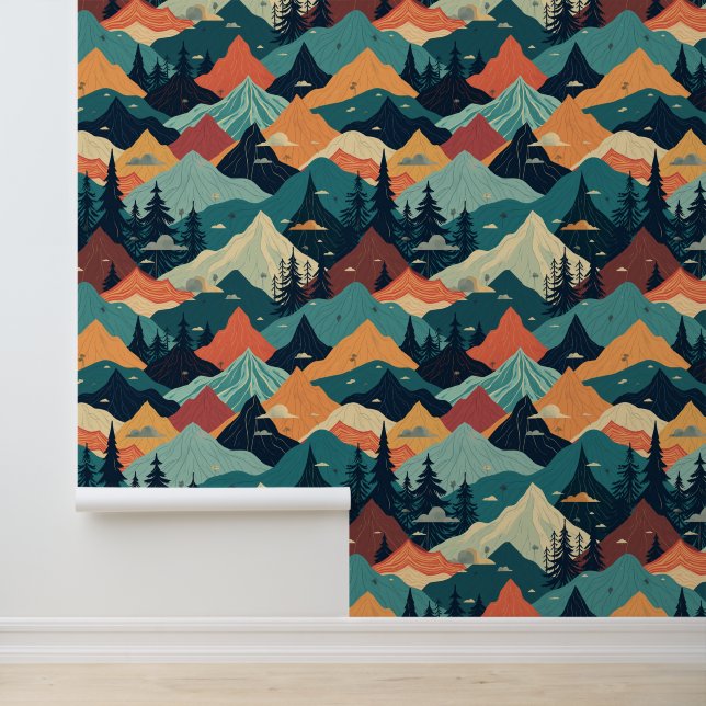 Colourful Mountain Landscape with Pine Trees Wallpaper (Application)