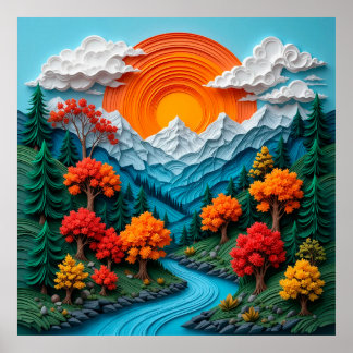 Colourful Mountain Landscape with River, Trees Poster