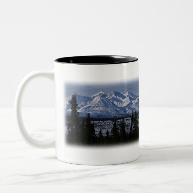 colourful mountain snow scene Two-Tone coffee mug (Left)