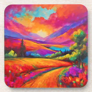 Colourful Mountain Sunset Landscape Painting Coaster