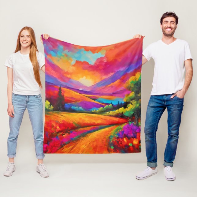 Colourful Mountain Sunset Landscape Painting Fleece Blanket (In Situ)