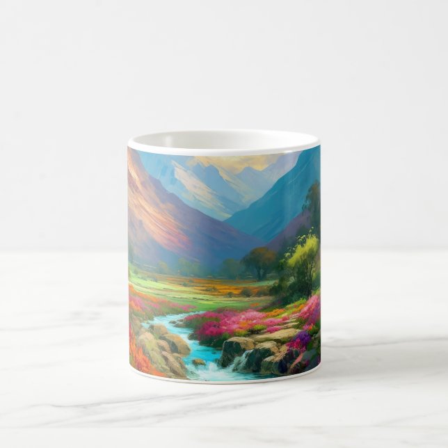 Colourful Mountain Valley, Flowers and River Poste Coffee Mug (Center)